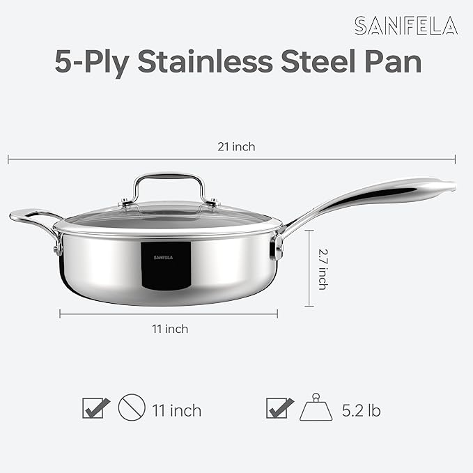 4.5 QT 5-Ply Stainless Steel Saute Pan with Lid, Compatible with All Cooktops, Dishwasher Safe