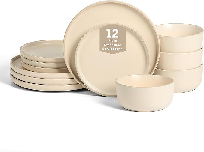 Earth & Clay Amber 12-Piece Dinnerware Set Stoneware, Dishwasher and Microwave Safe Plates and Bowls Set, Dish Set for 4, Beige