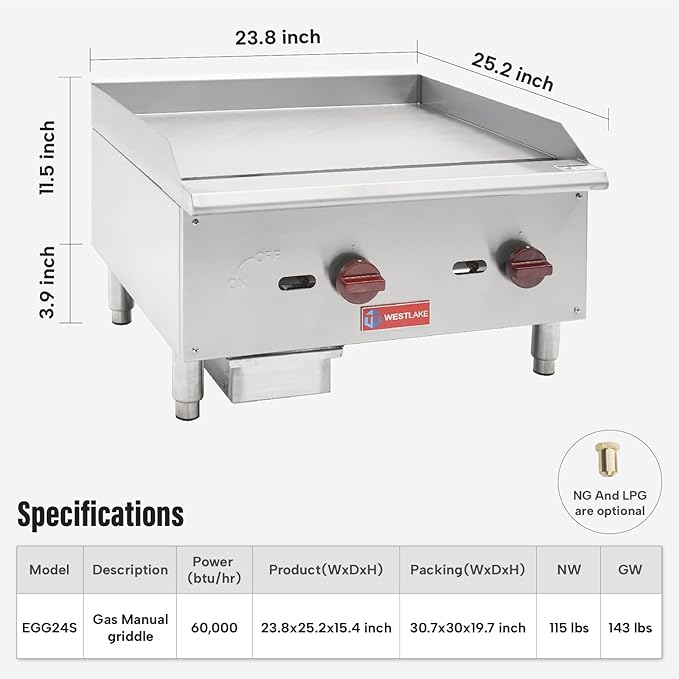 WESTLAKE 24"W Commercial Gas Griddle Countertop Natural Gas and Propane Griddle with 2 Burners 60000 BTU, Stainless Steel Plate Grill for Restaurants