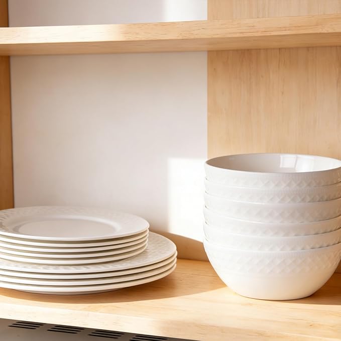 18-Piece Bone China Dinnerware Set for 6, White Porcelain Plates and Bowls with Textured Design, Lightweight Microwave Dishwasher Safe for Family Dining