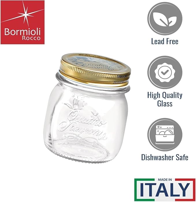 Bormioli Rocco Quattro Stagioni Small Glass Mason Jars 8.5 Ounce Mini Jars 12-Pack, with Metal Airtight Lid, For Jam, Jelly, baby food, Crafts, Spices, Dry Food Storage, Wedding favors, Decorating Jar