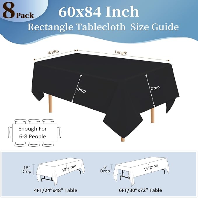 8 Pack Black Tablecloths 60x84 Inch Table Cloths for 6 Foot Rectangle Tables, Wrinkle Resistant Washable Rectangular Fabric Table Cover for Dining Wedding Banquet Camping Party