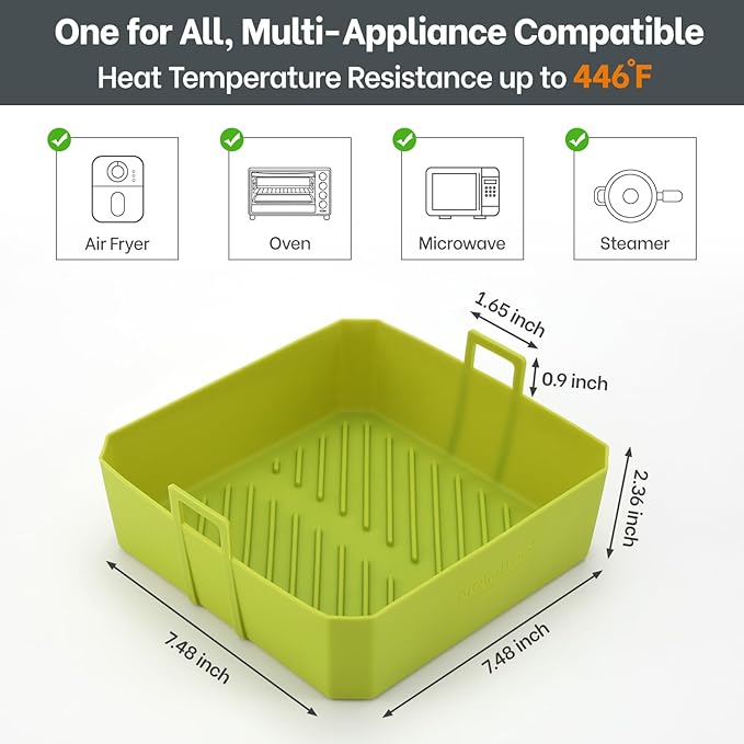 5QT Air Fryer Silicone Liners for Ninja AF141/AF142 & COSORI CAF-L501, Square Reusable Air Fryer Liners with Handle, 2 Pack BPA Free Platinum Silicone Basket, Upgrade