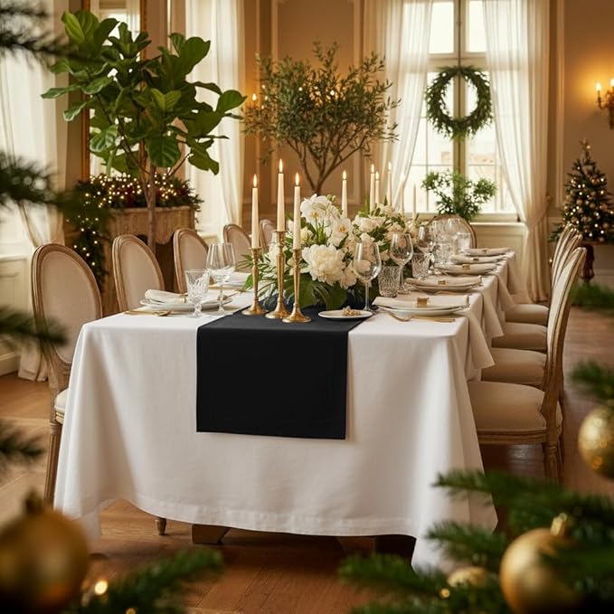 D'Moksha Homes Linen Black Table Runner 144 Inches Long - 100% Pure Linen Extra Long Table Runner 14 x 144 Inch for Spring, Easter - Machine Washable