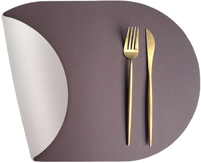 Set of 1/4 Faux Leather PU Placemats Black Oval Round Dinning Table Mats Wipeable Plate Round Mats Nordic Style(DS Coffee White,44x30cm 4pcs)