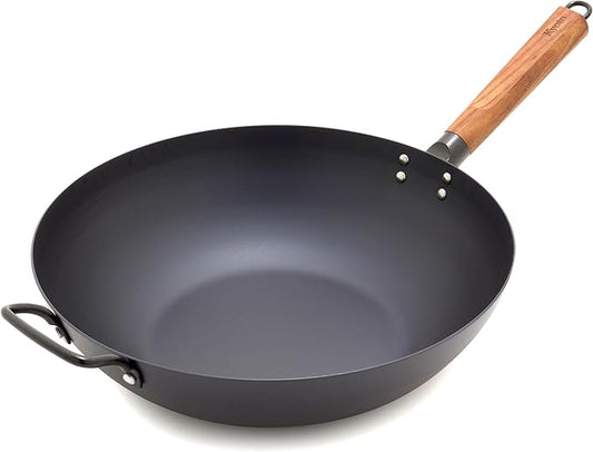 GreenPan Carbon Steel Wok 12”, Flat Bottom, Durable Stir-Fry Pan, Pre-Seasoned Nonstick Patina, High Heat Retention, Induction, Ash Wood Handle, Kyoto, Black