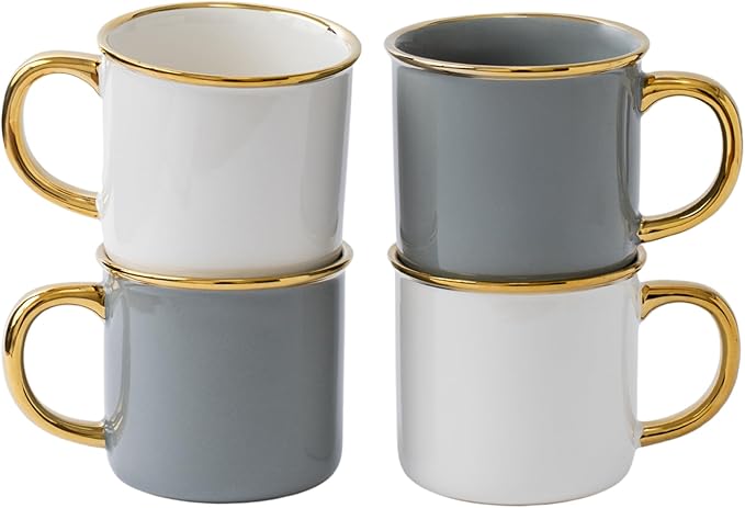 Stoneware Electroplated Mug Set of 4-15oz Ceramic Coffee & Tea Cups with Gold Handle - Perfect for Hot & Iced Drinks - Dishwasher Safe - Modern Chic Design - Ivory White & Gray - Ideal Gift