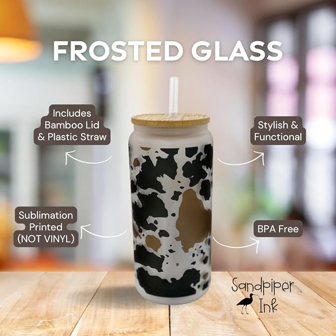 20oz Frosted Glass With Bamboo Lid and Plastic Straw - Western (Cow Print #1, 20oz)
