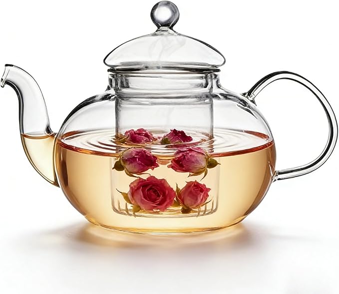 800ml(27oz) Borosilicate Glass Teapot with Removable Glass Infuser, Stovetop Safe Clear Tea Kettle for Blooming and Loose Leaf Tea