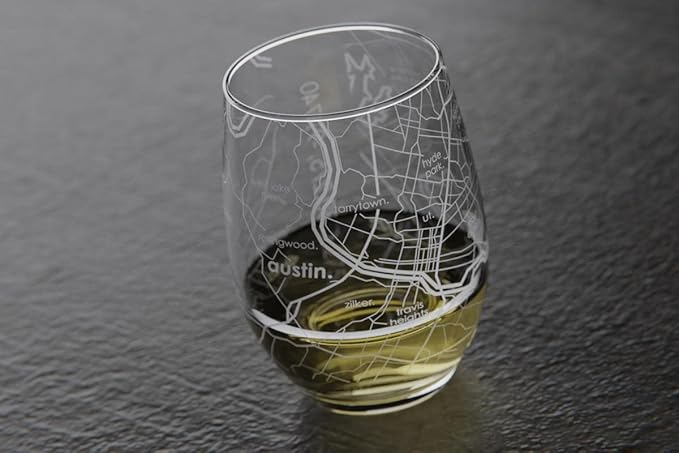 Well Told Engraved Austin Texas Map Stemless Wine Glass, Etched Glass (15 oz, Clear) City Custom Gifts for Lovers