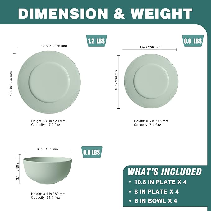 Yoshy 12-Piece White Bone China Dinnerware with Lightweight Durable Chip Resistant Design Service for 4 (12 Piece - Service for 4, Willowmist)
