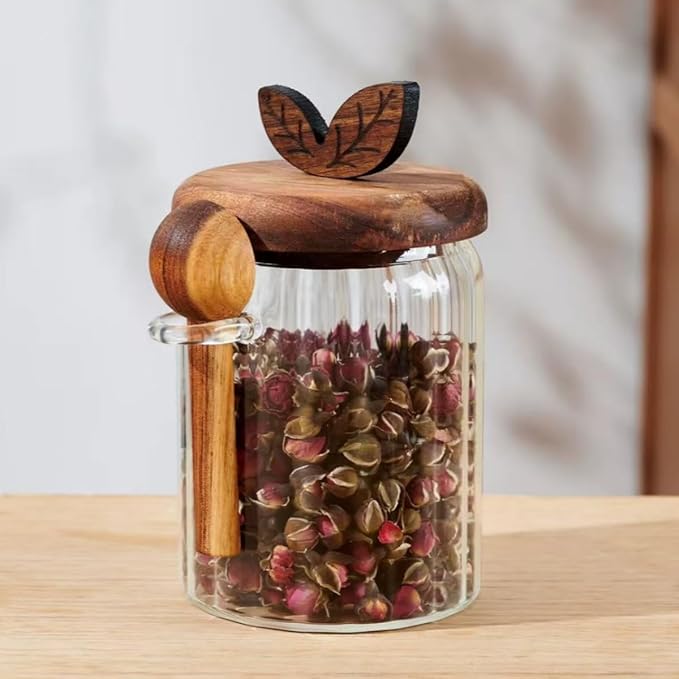 ANSQU 2 Pack Glass Jars with Wooden Lids and Spoons, 20.3oz Glass Food Storage Containers Coffee Jar Coffee Grounds Container, Coffee Canister holds up to 7.4oz Coffee Beans
