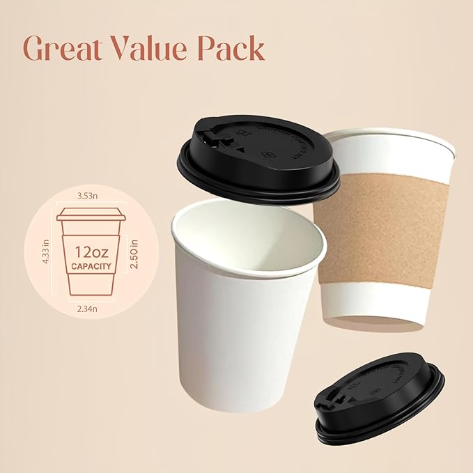 50 Pack 12 oz Compostable Coffee Cups with Lids and Straws, Biodegradable PLA Paper Cups, Eco-Friendly Disposable To Go Cups for Hot and Cold Drinks, White Bulk Cups for Office, Party, Travel