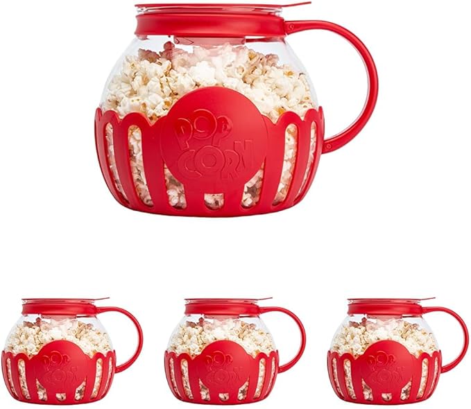 Ecolution Patented Micro-Pop Microwave Popcorn Popper with Temperature Safe Glass,3-in-1 Lid Measures Kernels and Melts Butter,Made Without BPA,Dishwasher Safe,3-Quart,Red,(Pack of 4)