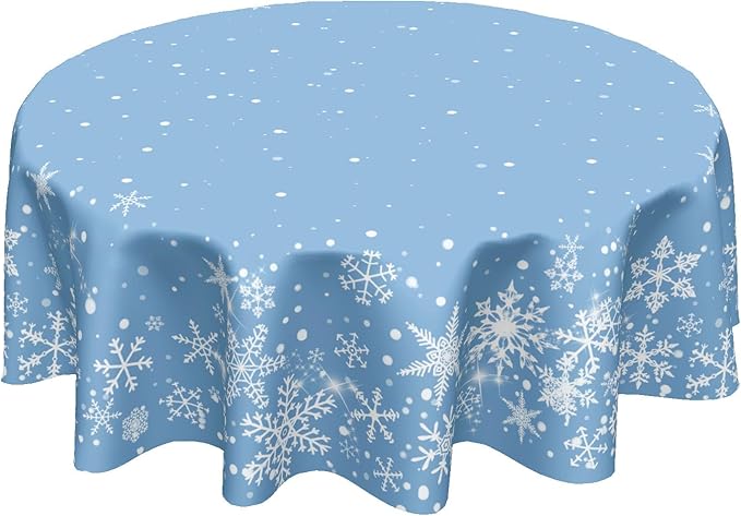 Winter Tablecloth Round 70 Inch Blue Christmas Snowflake Table Cloth Round Blue and White Xmas Holiday Table Cover for Kitchen Dinner Home Decor