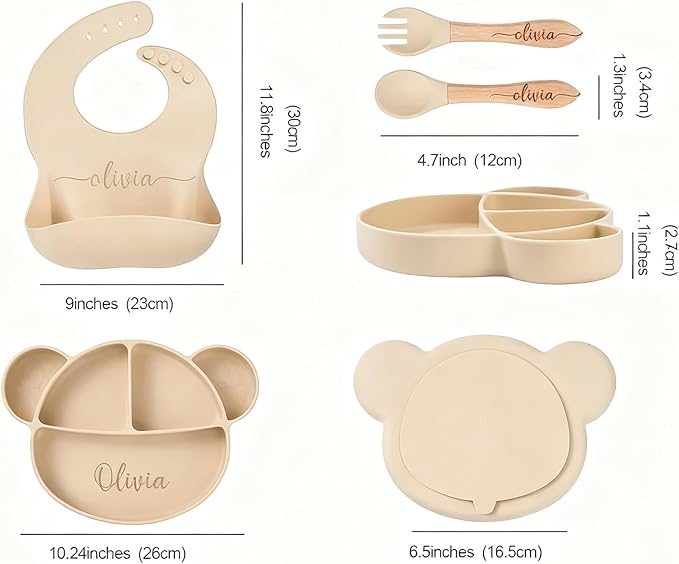 Silicone Feeding Set with Engraved Name for Baby-Led Weaning - Personalized Suction Plate, Bib, Utensils Eco-Friendly, BPA-Free Toddler Essentials - Newborn Shower Gift (4pc set)