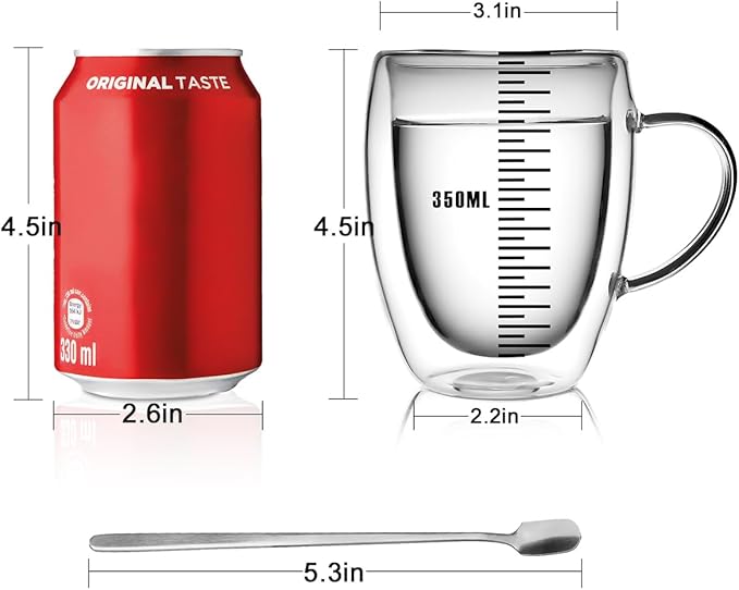 LIBWYS 4 Pack Double Walled Coffee Cups Glasses Mugs 12oz, Espresso Cappuccino Latte Tea Cups with Handle, Heat Resistant Borosilicate Clear Glasses 350ml