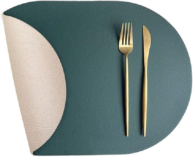 Set of 1/4 Double-Sided Color Oval Placemats Faux Leather PU Dining Table Mats Pads Waterproof Indoor Outdoor Decor(DS Green Cream,44x30cm 4pcs)