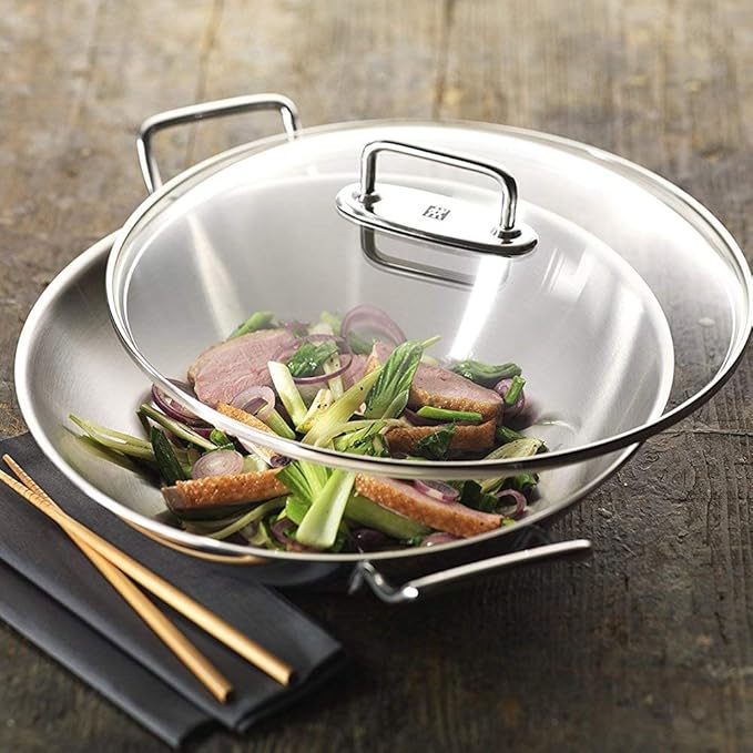 Zwilling Wok, Glass Lid and Removable Grid Insert, Incl. Long Handle, Suitable for Induction, Stainless Steel, Plus,Silver, Ø 32 cm