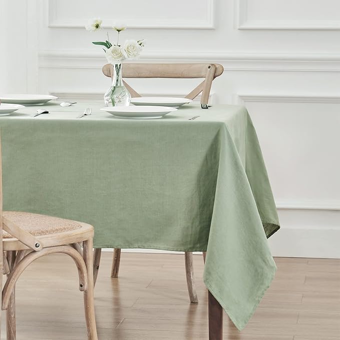 TOSMO 100% French Linen Tablecloth, Washable Farmhouse Rectangle Table Cloth for Kitchen, Dining, Party, Cocktail, Indoor and Outdoor Daily Use(52''x70'',Sage Green)