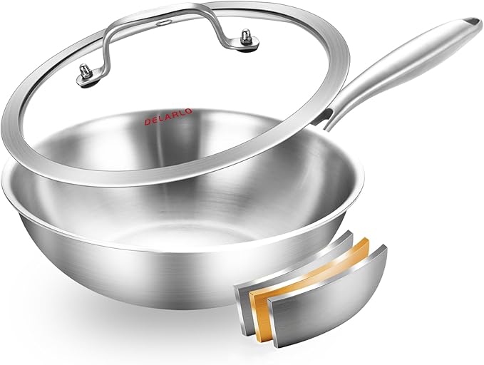 DELARLO Whole Body Tri-Ply Stainless Steel Pan 9.45 inch, Stainless Steel Woks & Stir-Fry Pans, Deep Kitchen Small Wok Pan with Lids, Induction Mini wok 9.45", Suitable for All Stove, Up to 650℉
