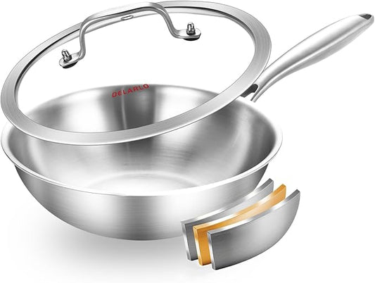 DELARLO Whole Body Tri-Ply Stainless Steel Pan 9.45 inch, Stainless Steel Woks & Stir-Fry Pans, Deep Kitchen Small Wok Pan with Lids, Induction Mini wok 9.45", Suitable for All Stove, Up to 650℉