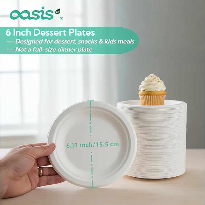 6 Inch 128 Pack Compostable Disposable Paper Plates, Small Dessert Plates, Heavy Duty Sugarcane Bagasse, Biodegradable Eco-Friendly, Perfect for Kids Meals & Parties, White