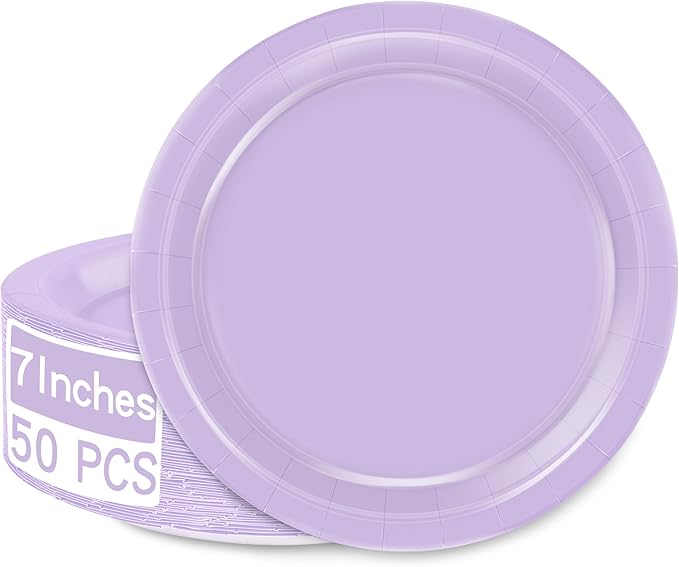 QZYL 50 PCS Paper Plates, 7 Inches Round Lavender Small Paper Plates, Disposable Plates for Party, Disposable Paper Plate Set, Strong and Sturdy Party Favors for Bridal Great Party Graduations Picnic
