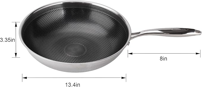 Hybrid Wok, 13 inch Wok with lid,Stainless Steel woks & Stir-fry pans Non Stick, PFOA Free Cookware, Dishwasher and Oven Safe, Compatible With Induction