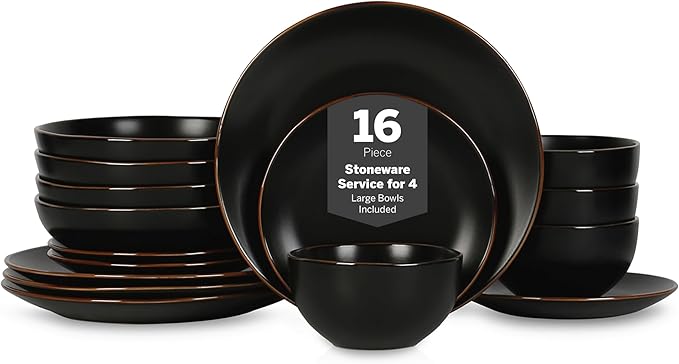 Stone Lain Brasa Stoneware 16 Piece Modern Dinnerware Set, Plates and Bowls, Service for 4, Black, Microwave & Dishwasher Safe