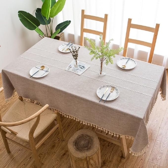 Pahajim Striped Tablecloth Rectangle with Tassels Thick Linen Cotton Table Cloth for Outdoor Picnic Dining and Holiday Kitchen Decor Rectangle/Oblong,55''x118'', 10-12 Seats