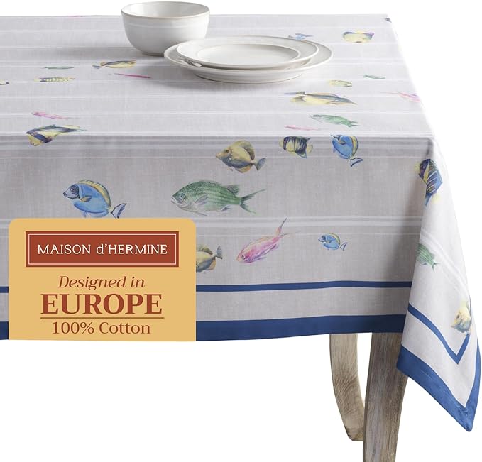 Maison d' Hermine Table Cloth Rectangle Table 100% Cotton 60 x 120 Inches Tablecloth Reusable Decorative for Dining Room Farmhouse Home Valentines Day Decorations Spring Summer - Poisson