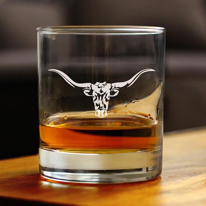Custom Longhorn - Personalized Whiskey Rocks Glass - Western Themed Farm Decor and Gifts for Texan Ranchers - 10.25 Ounce - Customized Bourbon Glass Gift