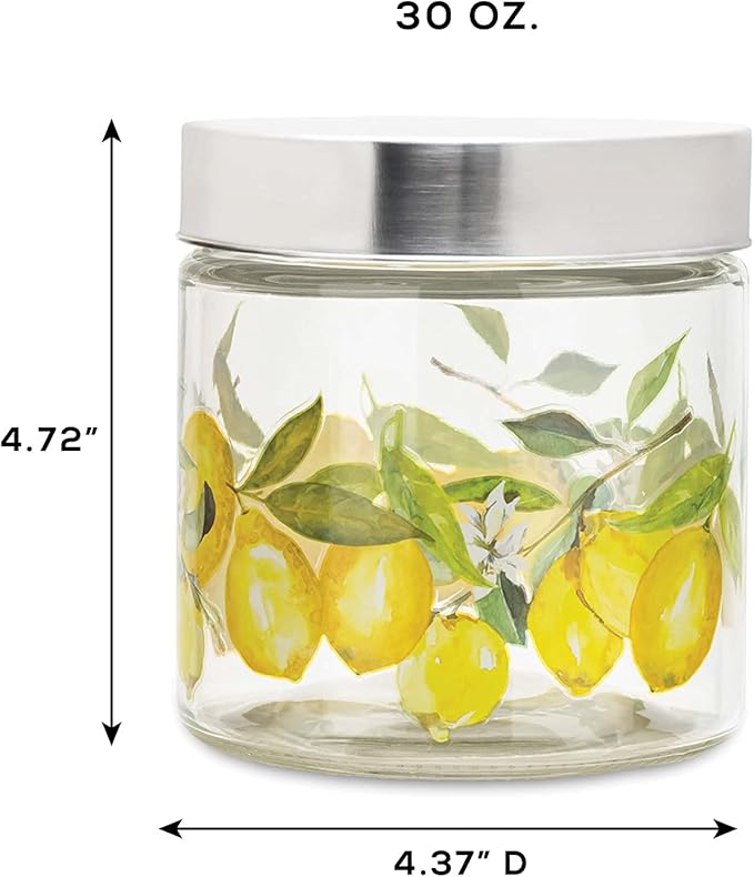 American Atelier Canister Set 3-Piece Glass Jars in 59oz, 44oz & 30oz w/Printed Design and Silver Lid, Airtight Lids for Cookies, Candy, Coffee, Flour, Sugar, Rice, Pasta, Cereal & More
