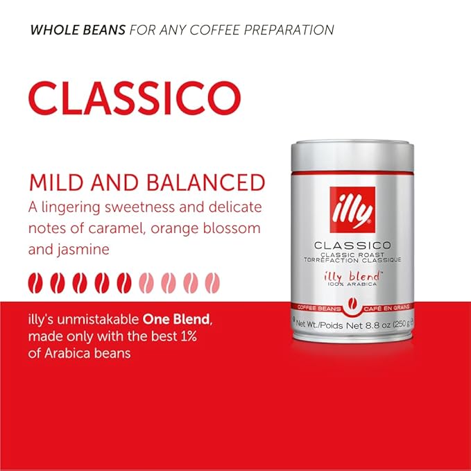 illy Whole Bean Coffee, Classico Medium Roast, 100% Arabica, Premium Italian Coffee, Ideal for Espresso, Drip, Moka and French Press Brewing, 8.8oz, 6 Pack
