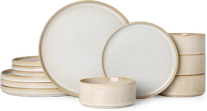 Stoneware Dinnerware Sets for 4, Stoneware Plates and Bowls Set, 12-Piece Ribbed Dishes – Chip & Scratch Resistant, Microwave and Dishwasher Safe Tableware, Warm White