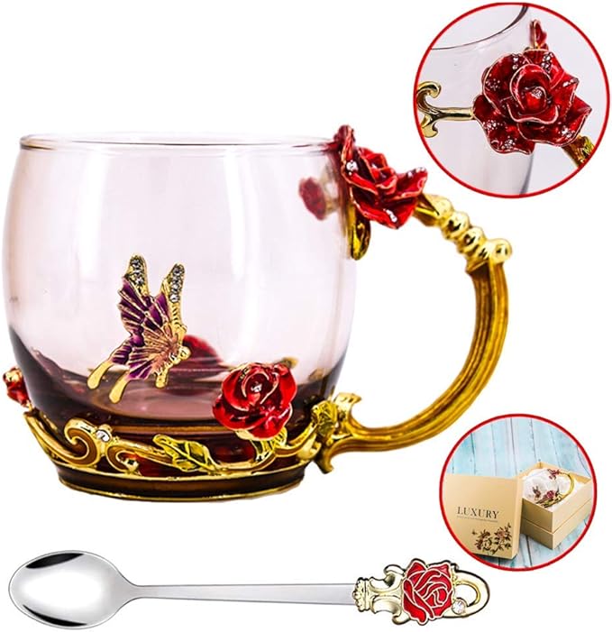 Luka Tech Enamel Butterfly flower Lead-free Glass Coffee Mugs Tea Cup with Steel Spoon, personalised Gifts For Women Wife Mom Girl Teacher Friends Birthday Mothers Valentines Day Wedding (Rose)