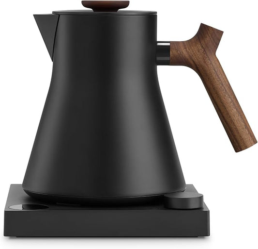 Fellow Corvo EKG Pro Electric Tea Kettle - Quick Heating, Precise Temperature Control Electric Kettle, Scheduling, Built-in Brew Timer for Boiling Water - Matte Black with Walnut Handle - 0.9 Liter