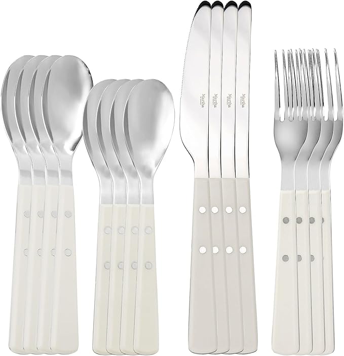 Martha Stewart Watercliffe 16 pc Flatware Silverware Set - Stainless Steel Utensils - Forks, Spoons, Knives - Service for 4 - Linen