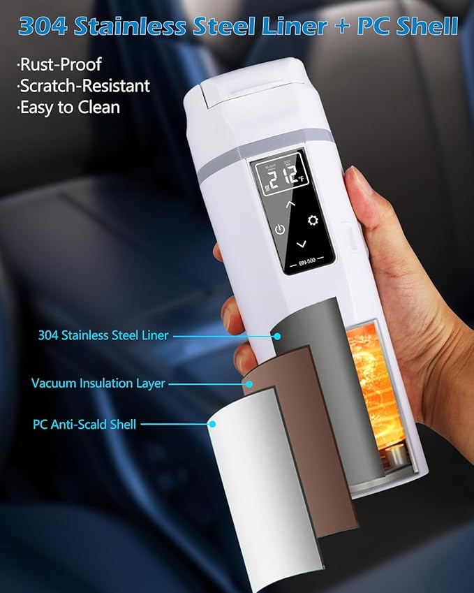 Car Travel Electric Kettle 12V/24V :450ML Tea Coffee Kettle Water Boiler, Portable Water Heater with Temperature Control, 304 Stainless Material, LED Display and Boil Dry Protection (White)