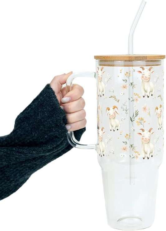 Sip-Sip Hooray! Floral Cute Goats 40oz Glass Tumbler with Lid and Straw, Goat Lover Coffee Cup, Large Farmhouse Drinkware, Farm Animal Gift, Goat Mom Mug, Farmhouse Kitchen Decor