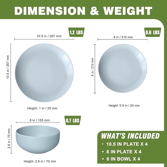 Yoshy 12-Piece Blue Bone China Dinnerware with Lightweight Durable Chip Resistant Design Service for 4