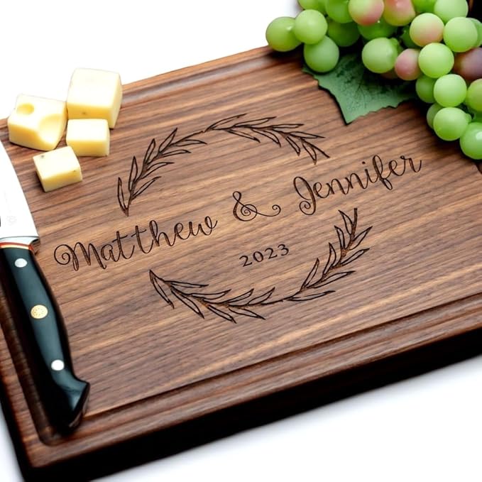 Personalized Cutting Board - Custom Engraved Wood Charcuterie Board - Best Wedding Gift Idea for Couples (Bride & Groom), Newlyweds - Handcrafted in USA from Premium Hardwood (Wreath Design 413)
