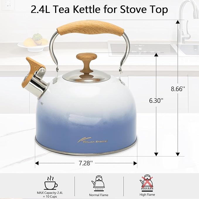 Tea Kettle for Stove Top, 2.5 Quart Whistling Tea Kettle, Food Grade Stainless Steel and Ergonomic Folding Handle, Tea Pots for Tea, Coffee, Milk - Gradient Blue