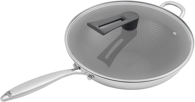 14 Inch Wok Pan with lid, Food-Grade Stainless Steel Woks & Stir-fry Pans Nonstick, Dishwasher and Oven Safe, Cooking Pan Compatible with Gas & Induction Cooker