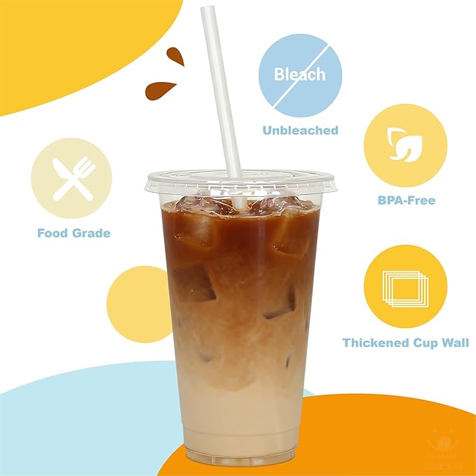 24 oz 100 Pack Disposable Clear Plastic Cups with Lids and Straws, Food Safe Bulk Iced Coffee Cups for Smoothies, Milkshakes and Other Cold Drinks