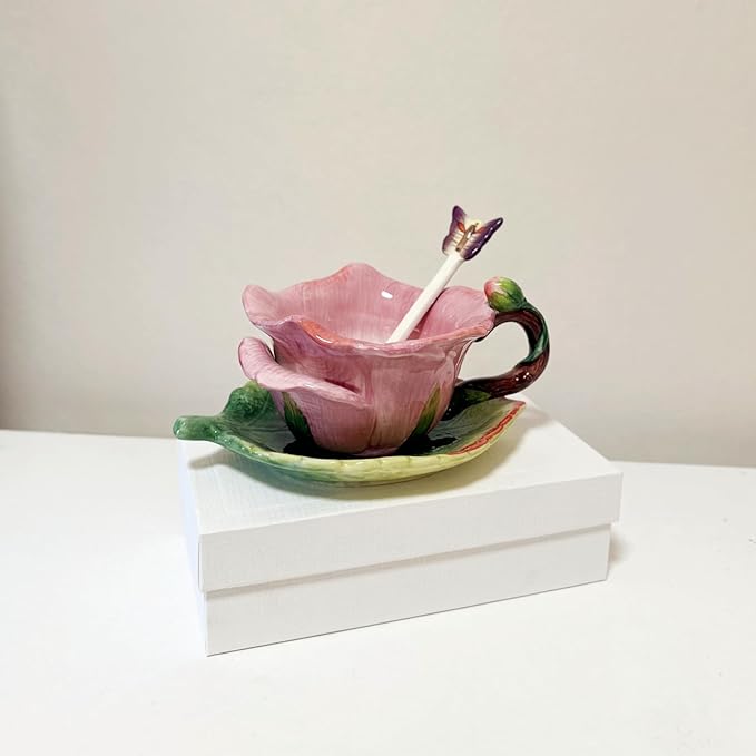 Ceramic Tea Cup and Saucer Set ，6OZ 3D Hand-Painted Flower and Lotus Leaf Coffee Mug，Gift for Women- Dark Pink Rose