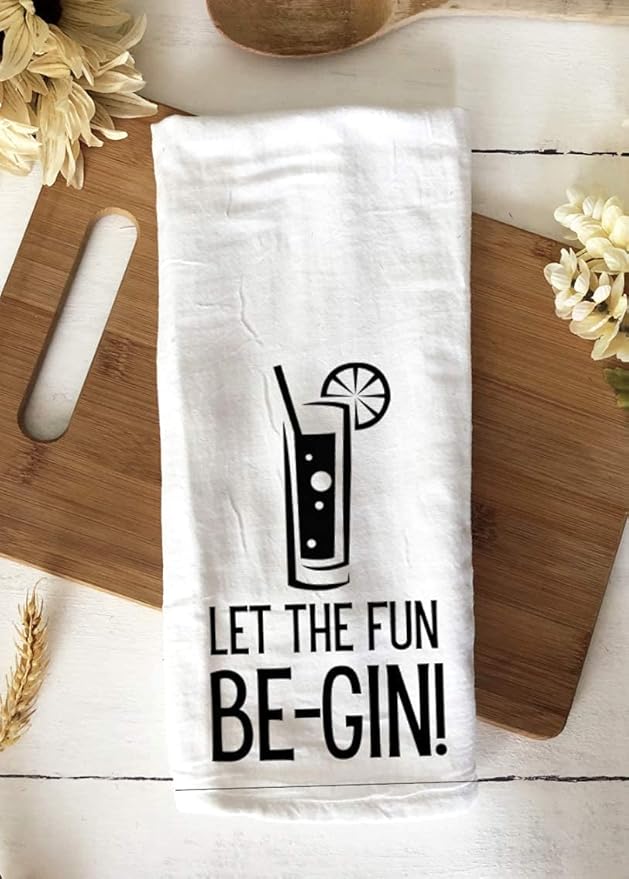 Handmade Funny Kitchen Towel - 100% Cotton Gin and Tonic Hand Bar Towels for Kitchen - 28x28 Inch Perfect for Hostess Housewarming Christmas Mother’s Day Birthday Gift (Let the Fun Begin)