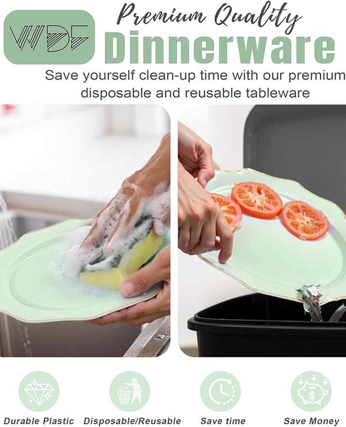 WDF 175Pcs Sage Green Plastic Plates With Gold Rim - Disposable Sage Green Plates 25guest Disposable Dinnerware Ideal for Party/Wedding/Spring Party/Easter
