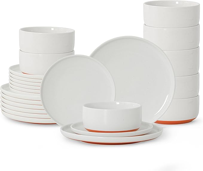 24 Piece Dinnerware Set, Dual Glaze Stoneware Plates and Bowls Sets, Modern Dinner Plate, Salad Plate, Cereal Bowl, Dish Set for 8, Microwave and Dishwasher Safe, Stardust Glaze White